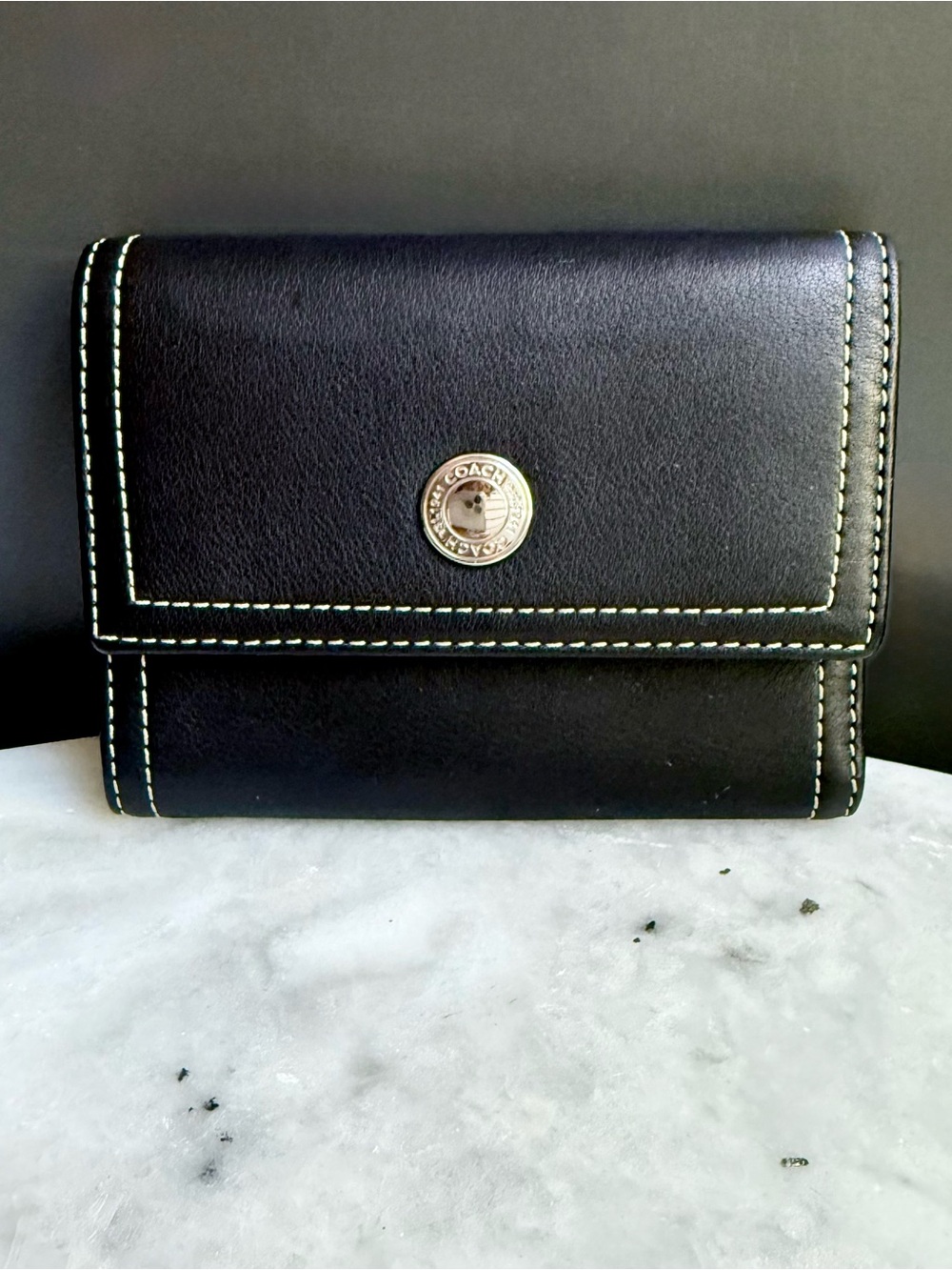 Coach Vintage Black Leather Trifold
Wallet with Contrast Stitching - Like
New